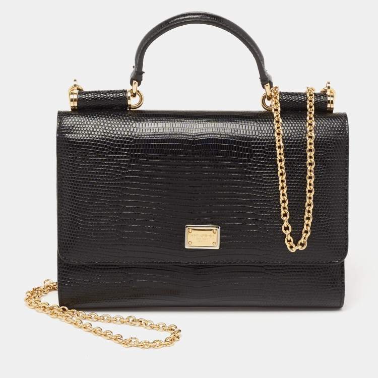 Pre Owned Dolce & Gabbana Black Lizard Embossed Leather Miss Sicily Von Wallet on Chain