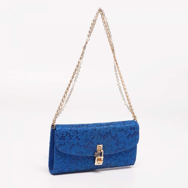 Pre Owned Dolce & Gabbana Royal Blue Lace and Satin Padlock Chain Clutch