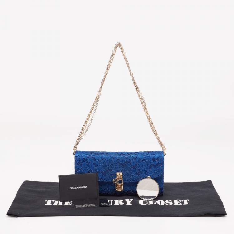Pre Owned Dolce & Gabbana Royal Blue Lace and Satin Padlock Chain Clutch