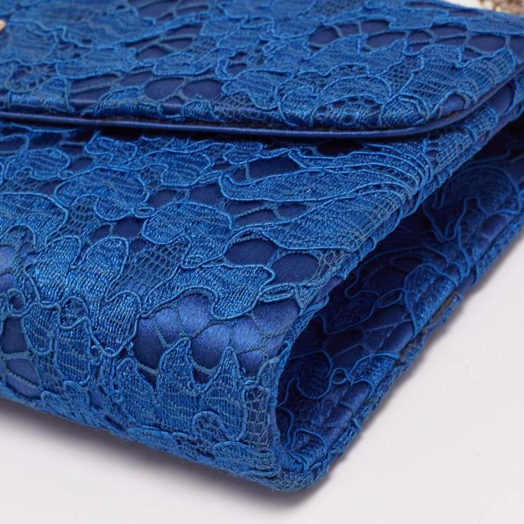Pre Owned Dolce & Gabbana Royal Blue Lace and Satin Padlock Chain Clutch