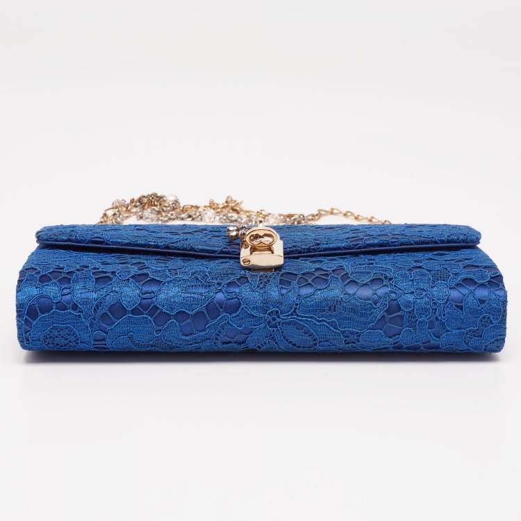 Pre Owned Dolce & Gabbana Royal Blue Lace and Satin Padlock Chain Clutch