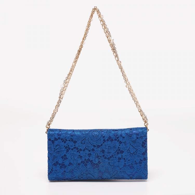 Pre Owned Dolce & Gabbana Royal Blue Lace and Satin Padlock Chain Clutch