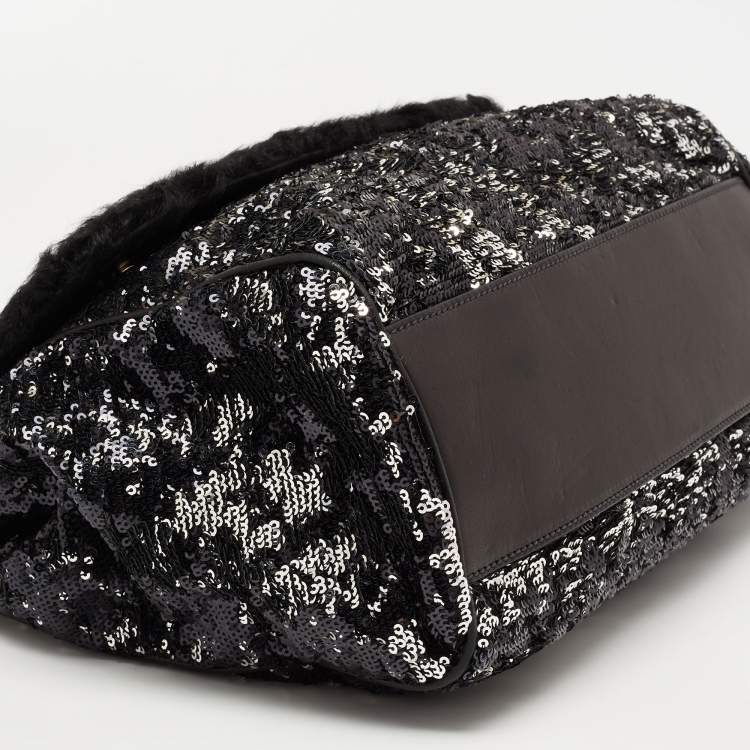 Pre Owned Dolce & Gabbana Black/Silver Sequin, Leather and Shearling Miss Sicily Top Handle Bag