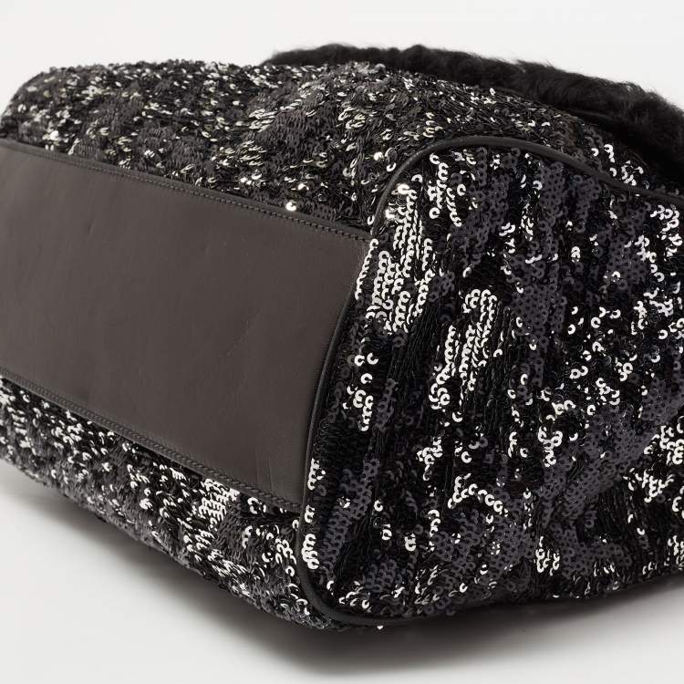 Pre Owned Dolce & Gabbana Black/Silver Sequin, Leather and Shearling Miss Sicily Top Handle Bag