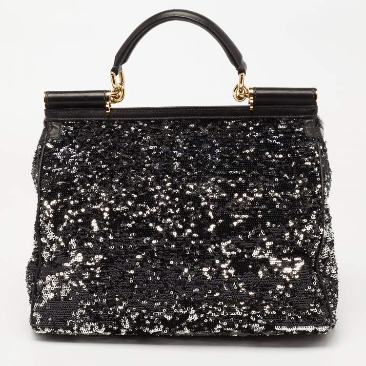 Pre Owned Dolce & Gabbana Black/Silver Sequin, Leather and Shearling Miss Sicily Top Handle Bag