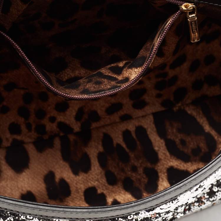 Pre Owned Dolce & Gabbana Black/Silver Sequin, Leather and Shearling Miss Sicily Top Handle Bag