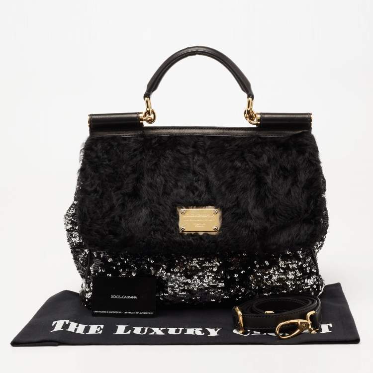 Pre Owned Dolce & Gabbana Black/Silver Sequin, Leather and Shearling Miss Sicily Top Handle Bag