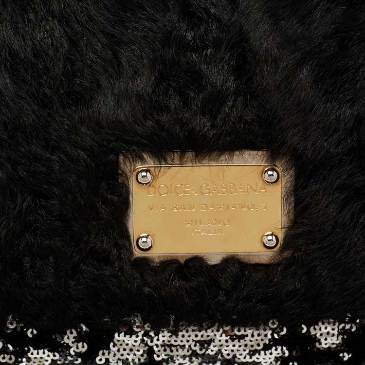 Pre Owned Dolce & Gabbana Black/Silver Sequin, Leather and Shearling Miss Sicily Top Handle Bag