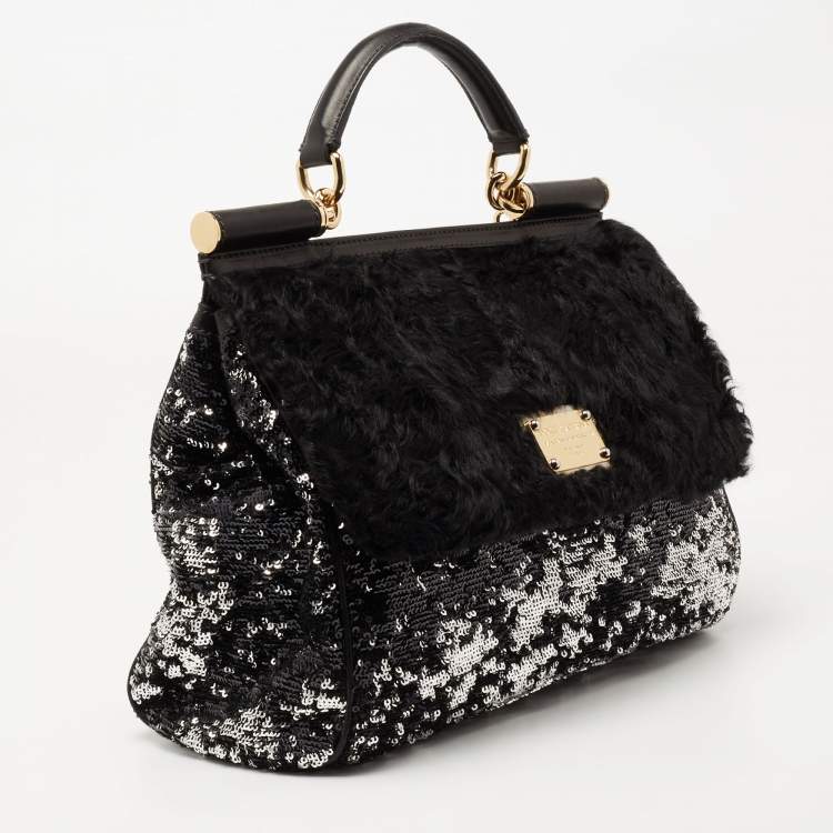 Pre Owned Dolce & Gabbana Black/Silver Sequin, Leather and Shearling Miss Sicily Top Handle Bag