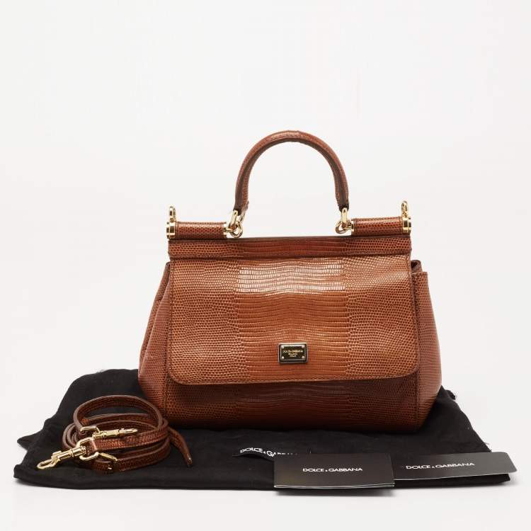 Pre Owned Dolce & Gabbana Brown Iguana Embossed Leather Small Miss Sicily Top Handle Bag