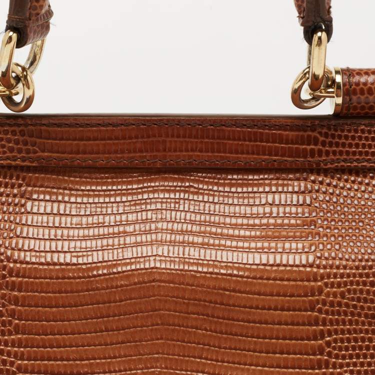 Pre Owned Dolce & Gabbana Brown Iguana Embossed Leather Small Miss Sicily Top Handle Bag