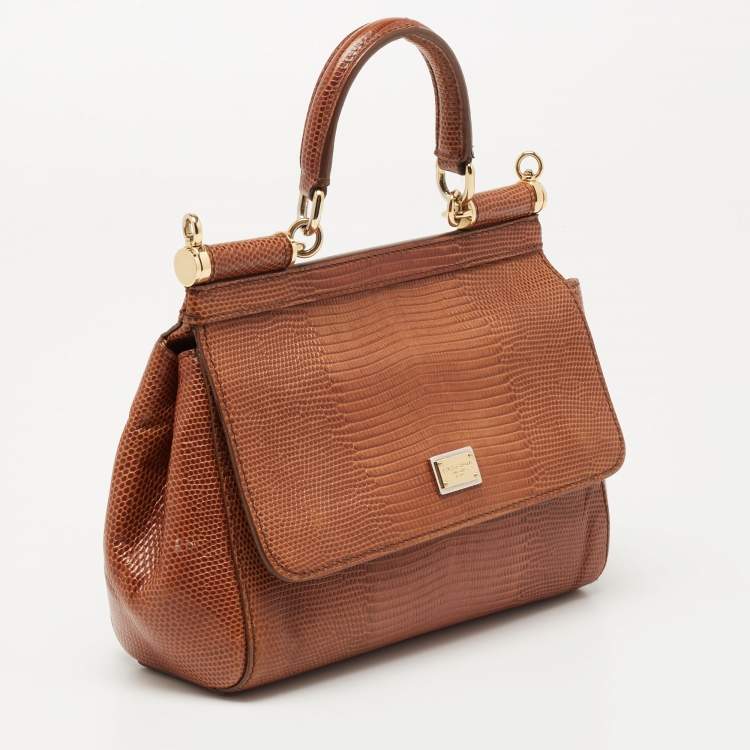 Pre Owned Dolce & Gabbana Brown Iguana Embossed Leather Small Miss Sicily Top Handle Bag