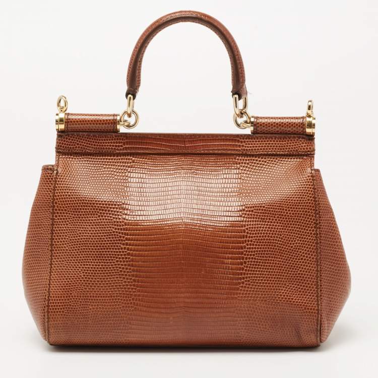 Pre Owned Dolce & Gabbana Brown Iguana Embossed Leather Small Miss Sicily Top Handle Bag
