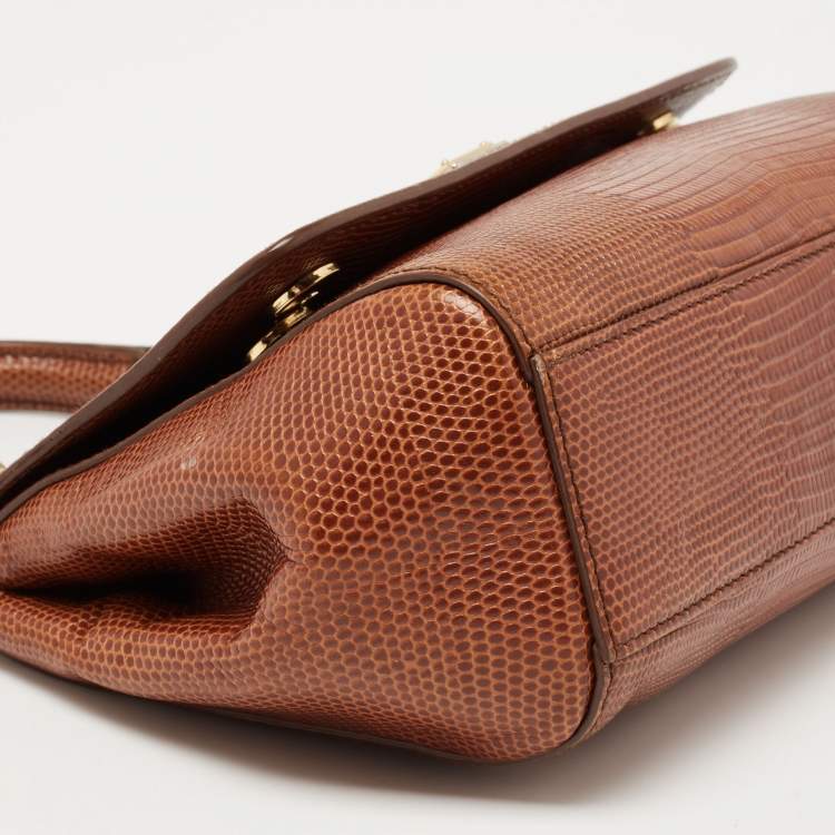 Pre Owned Dolce & Gabbana Brown Iguana Embossed Leather Small Miss Sicily Top Handle Bag