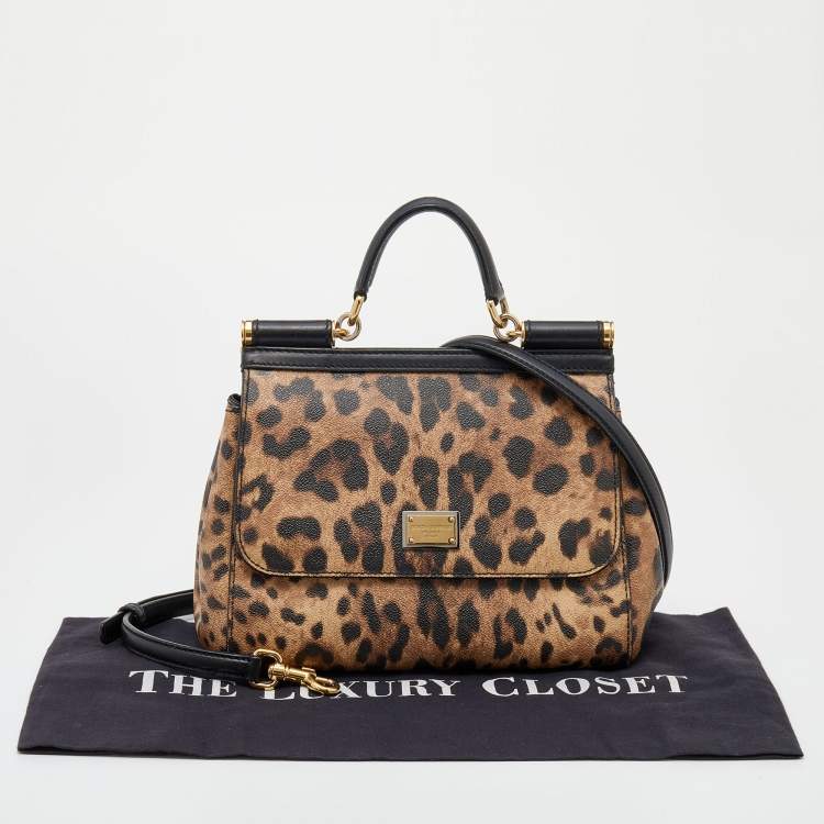 Pre Owned Dolce & Gabbana Black/Beige Leopard Print Coated Canvas And Leather Medium Sicily Top Handle Bag