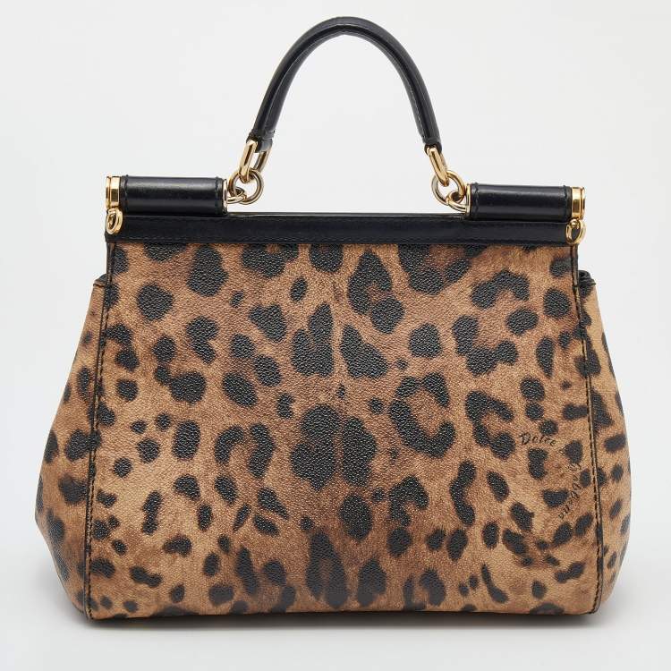 Pre Owned Dolce & Gabbana Black/Beige Leopard Print Coated Canvas And Leather Medium Sicily Top Handle Bag