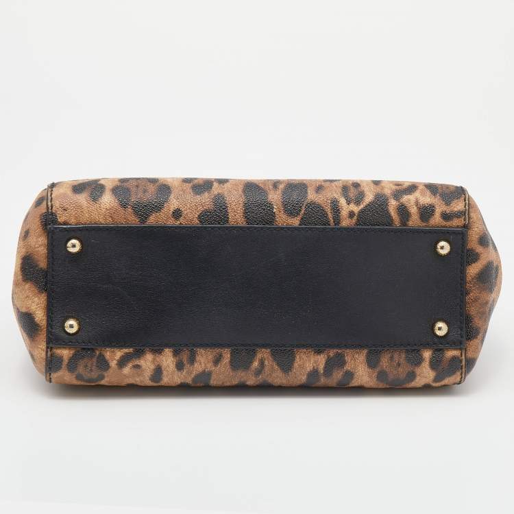 Pre Owned Dolce & Gabbana Black/Beige Leopard Print Coated Canvas And Leather Medium Sicily Top Handle Bag