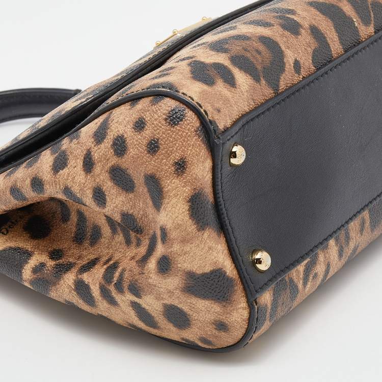 Pre Owned Dolce & Gabbana Black/Beige Leopard Print Coated Canvas And Leather Medium Sicily Top Handle Bag