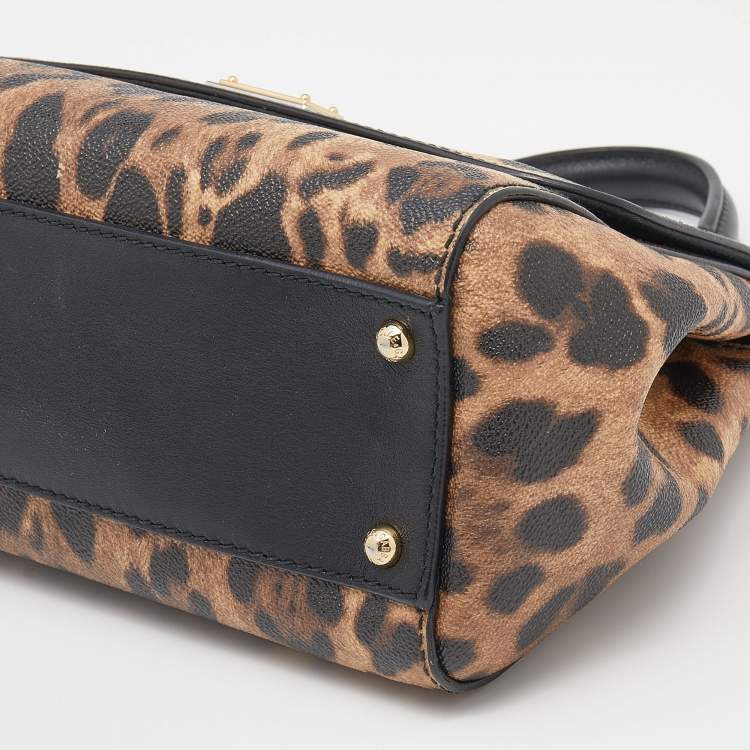 Pre Owned Dolce & Gabbana Black/Beige Leopard Print Coated Canvas And Leather Medium Sicily Top Handle Bag