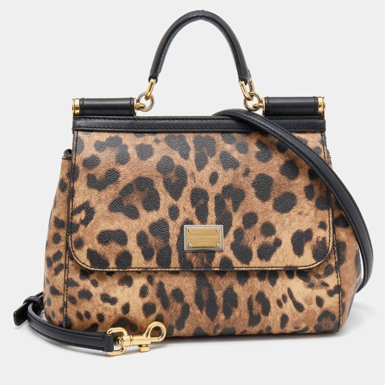 Pre Owned Dolce & Gabbana Black/Beige Leopard Print Coated Canvas And Leather Medium Sicily Top Handle Bag