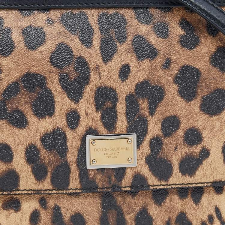 Pre Owned Dolce & Gabbana Black/Beige Leopard Print Coated Canvas And Leather Medium Sicily Top Handle Bag