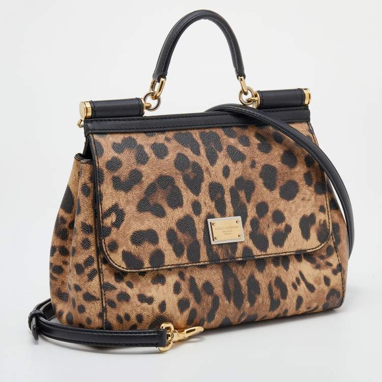 Pre Owned Dolce & Gabbana Black/Beige Leopard Print Coated Canvas And Leather Medium Sicily Top Handle Bag