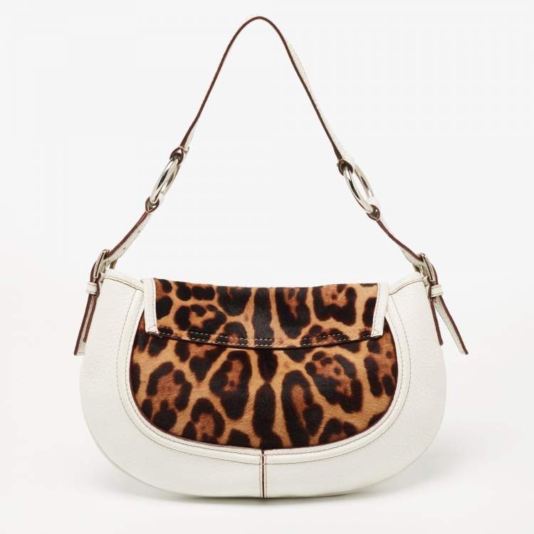 Pre Owned Dolce & Gabbana White/Brown Leopard Print Calf Hair and Leather Hobo