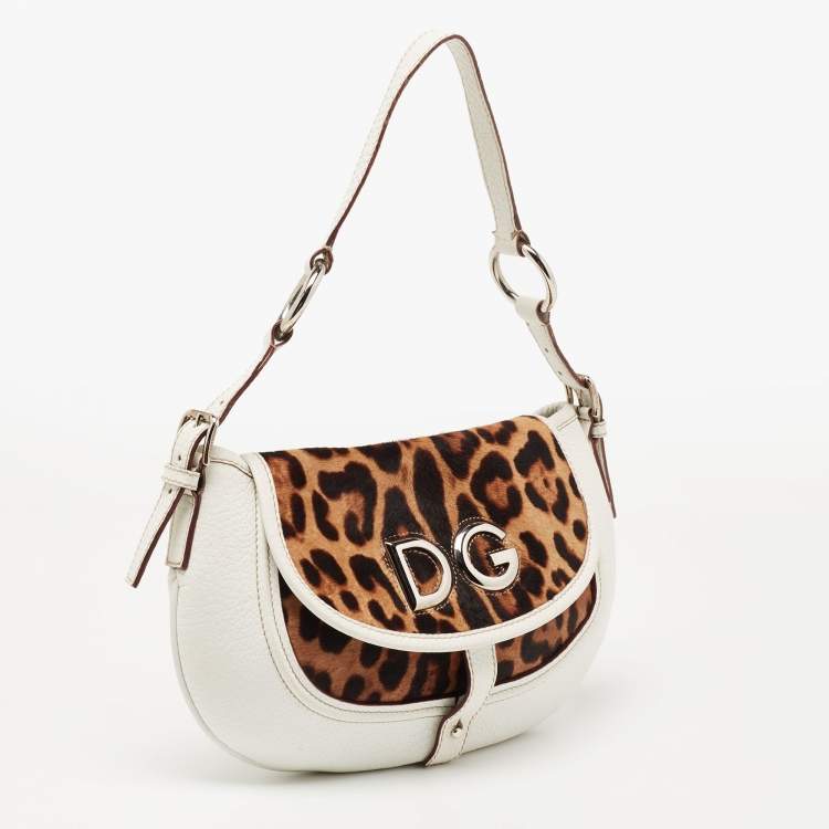 Pre Owned Dolce & Gabbana White/Brown Leopard Print Calf Hair and Leather Hobo
