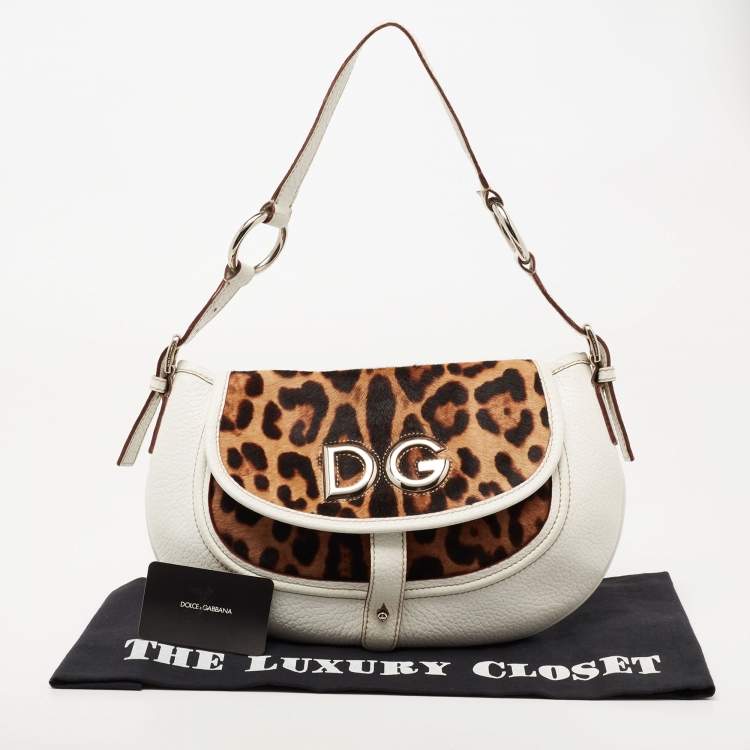 Pre Owned Dolce & Gabbana White/Brown Leopard Print Calf Hair and Leather Hobo