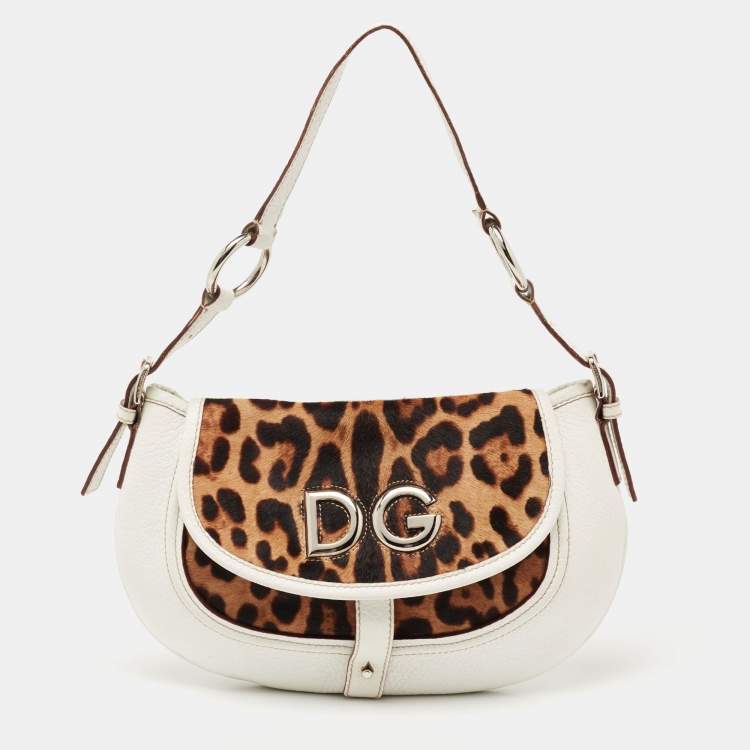 Pre Owned Dolce & Gabbana White/Brown Leopard Print Calf Hair and Leather Hobo