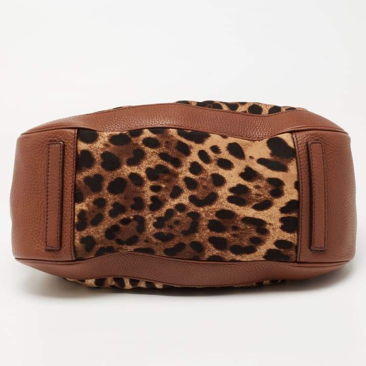 Pre Owned Dolce & Gabbana Brown Leopard Print Canvas and Leather Animalier Zip Satchel