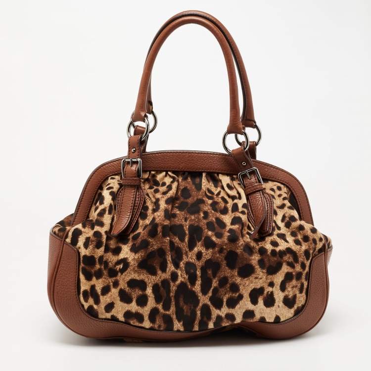 Pre Owned Dolce & Gabbana Brown Leopard Print Canvas and Leather Animalier Zip Satchel
