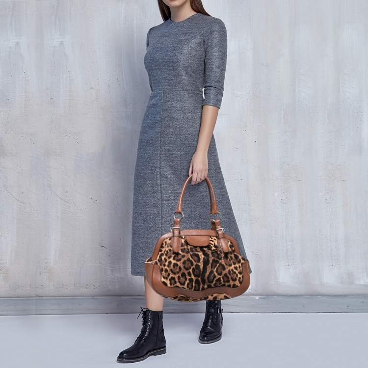 Pre Owned Dolce & Gabbana Brown Leopard Print Canvas and Leather Animalier Zip Satchel