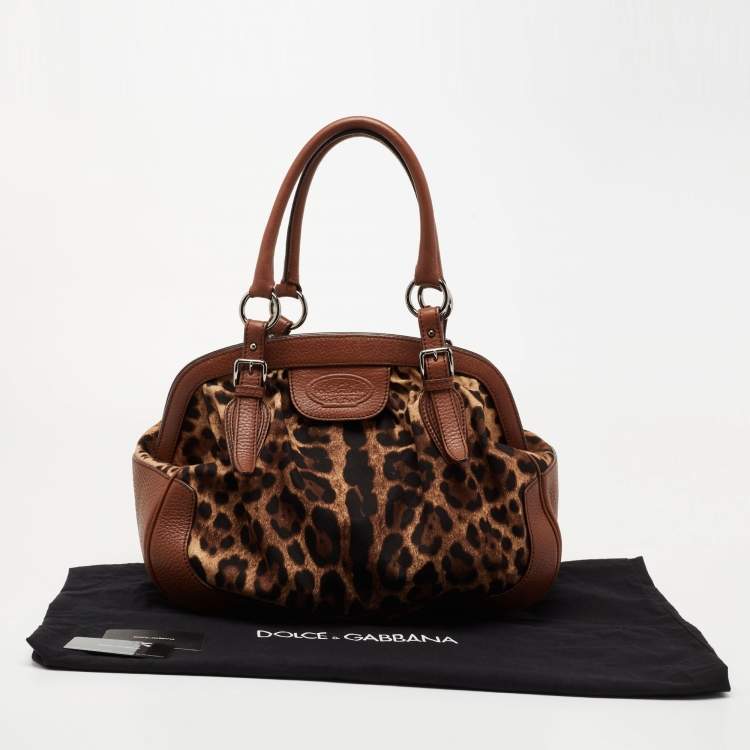 Pre Owned Dolce & Gabbana Brown Leopard Print Canvas and Leather Animalier Zip Satchel