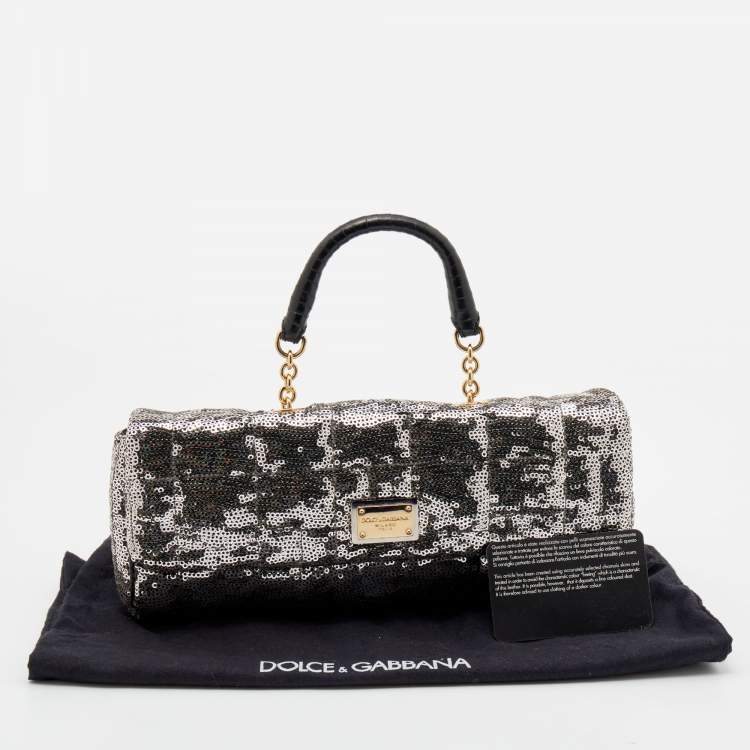 Pre Owned Dolce & Gabbana Silver/Black Sequin and Python Embossed Leather Clutch