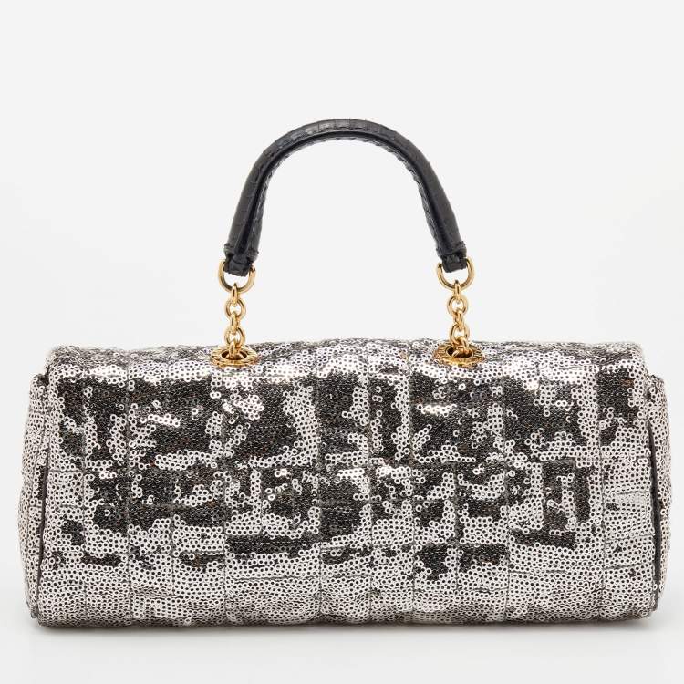 Pre Owned Dolce & Gabbana Silver/Black Sequin and Python Embossed Leather Clutch