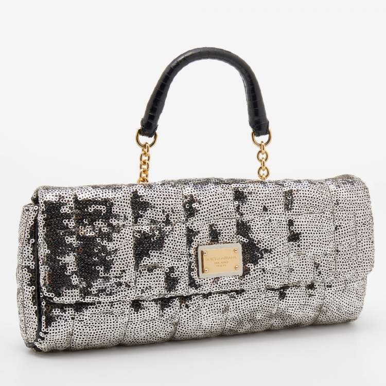 Pre Owned Dolce & Gabbana Silver/Black Sequin and Python Embossed Leather Clutch