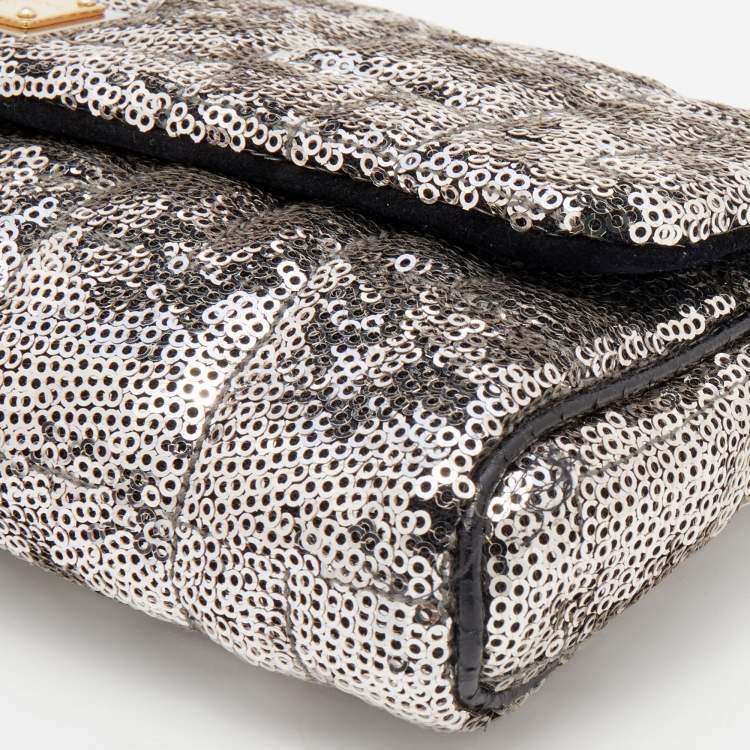 Pre Owned Dolce & Gabbana Silver/Black Sequin and Python Embossed Leather Clutch