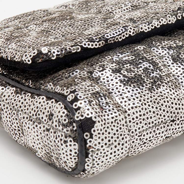 Pre Owned Dolce & Gabbana Silver/Black Sequin and Python Embossed Leather Clutch