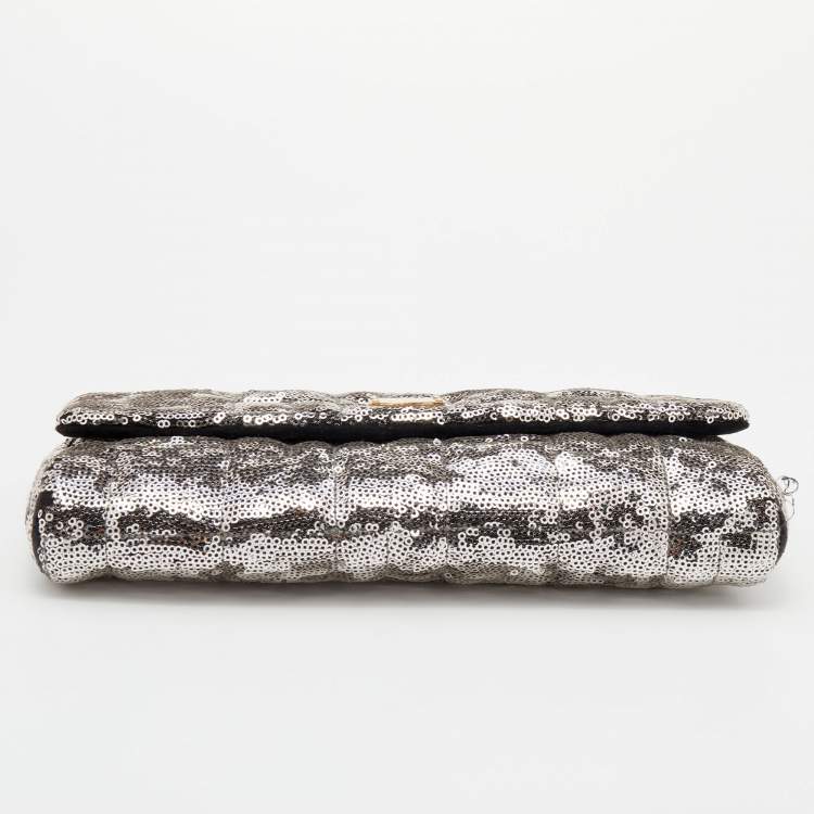 Pre Owned Dolce & Gabbana Silver/Black Sequin and Python Embossed Leather Clutch