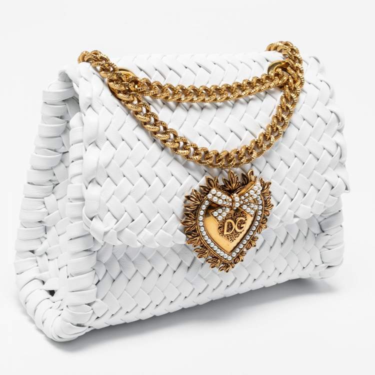 Pre Owned Dolce & Gabbana White Woven Leather Devotion Shoulder Bag