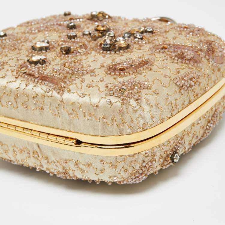 مملوكة مسبقًا Dolce & Gabbana Beige Satin and Sequins Crystal Embellished Ring Frame Chain Clutch