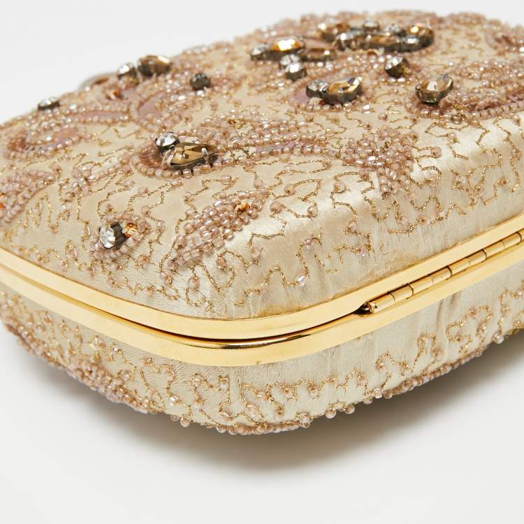 مملوكة مسبقًا Dolce & Gabbana Beige Satin and Sequins Crystal Embellished Ring Frame Chain Clutch
