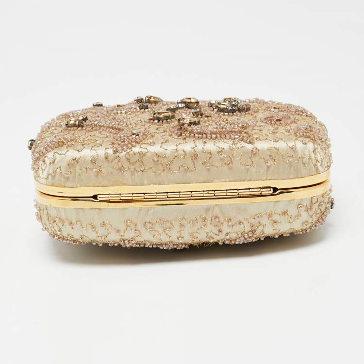 مملوكة مسبقًا Dolce & Gabbana Beige Satin and Sequins Crystal Embellished Ring Frame Chain Clutch