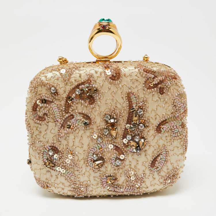 مملوكة مسبقًا Dolce & Gabbana Beige Satin and Sequins Crystal Embellished Ring Frame Chain Clutch