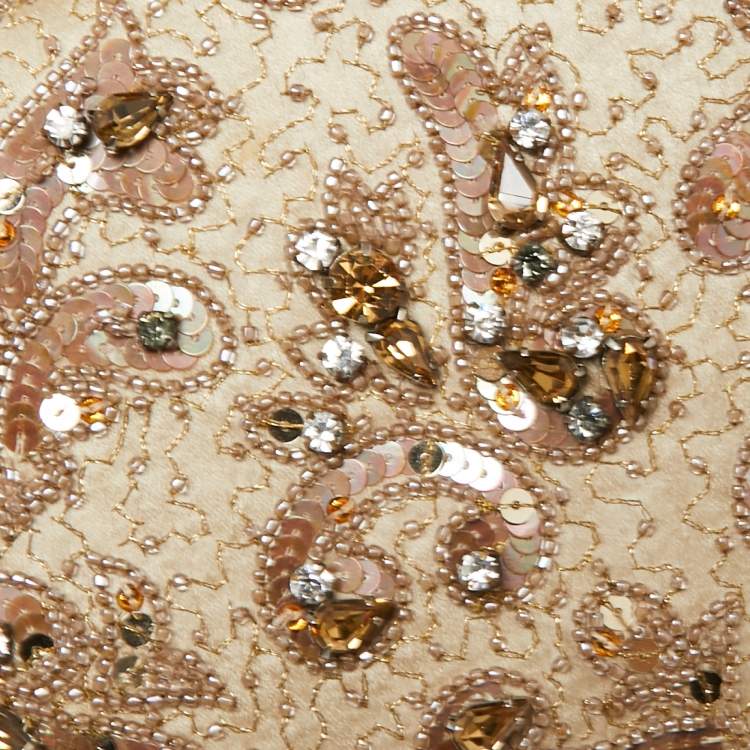 مملوكة مسبقًا Dolce & Gabbana Beige Satin and Sequins Crystal Embellished Ring Frame Chain Clutch