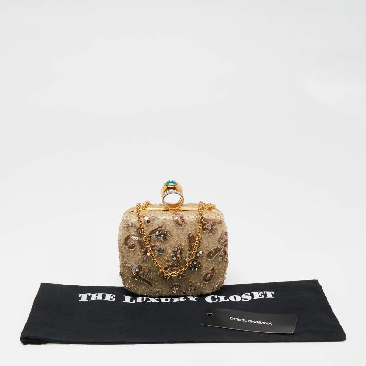 مملوكة مسبقًا Dolce & Gabbana Beige Satin and Sequins Crystal Embellished Ring Frame Chain Clutch