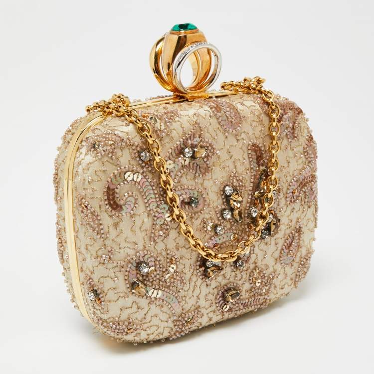 مملوكة مسبقًا Dolce & Gabbana Beige Satin and Sequins Crystal Embellished Ring Frame Chain Clutch