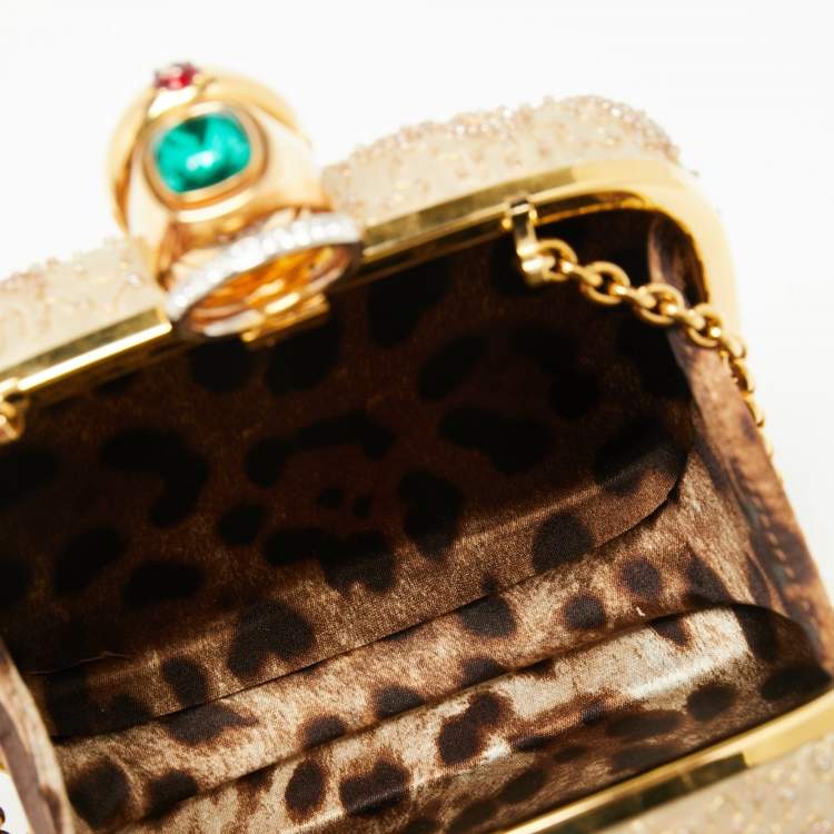 مملوكة مسبقًا Dolce & Gabbana Beige Satin and Sequins Crystal Embellished Ring Frame Chain Clutch
