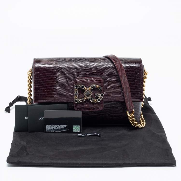 Pre Owned Dolce & Gabbana Burgundy Iguana Embossed Leather DG Millennials Shoulder Bag